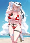 Rating: Questionable Score: 163 Tags: 1girl absurdres beach bikini blonde_hair breasts choker cleavage collarbone day edited flag_print flip-flops graf_zeppelin_(kancolle) hat highres holding holding_clothes holding_footwear huge_breasts kantai_collection looking_at_viewer nazi outdoors purple_eyes sandals schutzstaffel schutzstaffel_tattoo sidelocks side-tie_bikini skindentation smile solo ss ss_tattoo sun_hat swastika swastika_tattoo swimsuit twintails umauma_(trggercross) upper_body wide_hips User: GoodHunter