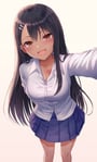 Rating: Questionable Score: 62 Tags: 1girl arm_behind_back arm_up asian_female black_hair blue_skirt blush breasts brown_eyes cleavage collared_shirt :d dark_skin dark-skinned_female dress_shirt ear_clip edited editor_gum fang feet_out_of_frame hairclip hair_ornament hayase_nagatoro highres ijiranaide_nagatoro-san long_hair long_sleeves looking_at_viewer looking_back medium_breasts miniskirt open_mouth outstretched_arm please_don't_bully_me_nagatoro pleated_skirt queen_of_hearts queen_of_hearts_tattoo seungju_lee shirt skin_fang skirt smile solo standing straight_hair tattoo very_long_hair User: gumdropbutton