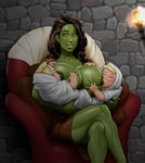 Rating: Questionable Score: 75 Tags: 1girl 2boys areola baby big_breasts black_hair blonde_hair breast_feeding breasts cleavage closed_eyes curvy edited erect_nipples fantasy_race female green_skin highres import interracial long_hair milf multiple_boys nipples nude orc skin_edit smile the_pit white_male white_skin wholesome wide_hips yellow_eyes User: NigNogEnslaver