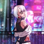 Rating: Questionable Score: 52 Tags: 1girl cyberpunk_edgerunners edited from_behind japanese_woman looking_at_viewer lucy_(cyberpunk_edgerunners) pale_skin queen_of_hearts_tattoo short_hair swastika_tattoo tattoo User: conclamatio