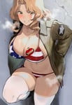 Rating: Questionable Score: 75 Tags: 1girl american_bikini aryan_female blonde_hair blush breasts bwc girls_und_panzer grey_eyes heavy_breathing huge_breasts iku_(ikuchan_kaoru) kay_(girls_und_panzer) leaning_against_wall long_hair looking_at_viewer nightlight one_leg_raised queen_of_hearts queen_of_hearts_tattoo smile solo steam sweat tattoo thigh_high_stockings User: NightLight