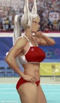 Rating: Safe Score: 60 Tags: 1girl 2020_summer_olympics abs absurdres alternate_hairstyle animal_ears audience breasts chair clothing_edit commentary cowboy_shot crowd dark_skin dark-skinned_female darr1o english_commentary folding_chair highres japanese_flag large_breasts long_hair mirko muscular muscular_female my_hero_academia olympics ponytail rabbit_ears rabbit_girl red_eyes solo_focus sports_bra theme_clothing track_and_field white_hair User: GuruUncut