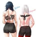 Rating: Questionable Score: 75 Tags: 2girls angerykacchan bare_back byleth_(female) byleth_(fire_emblem) contrapposto edelgard fire_emblem fire_emblem_three_houses multiple_girls muscular muscular_female nintendo red_legwear reichsadler scar scars shorts swastika swastika_tattoo tattoo topless white_background white_female white_hair User: HamaT
