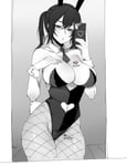 Rating: Questionable Score: 95 Tags: 1girl black_hair blush bunny_costume bunnysuit fishnet_stockings heart-shaped_pupils long_hair looking_at_viewer mole_under_eye monochrome mr.skull phone queen_of_hearts queen_of_hearts_tattoo selfie solo tattoo theme_clothing twintails white_female User: KAZANOVA