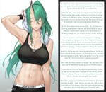 Rating: Questionable Score: 91 Tags: amber_eyes caption clothing_edit cokuto1 edited green_hair implied_breeding implied_sex oni single_horn sweat theme_clothing workout_clothes User: WhiteQueenWritefag