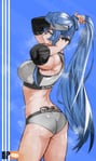 Rating: Questionable Score: 82 Tags: 1girl absurdres akame_ga_kill ass bangs blue_background blue_eyes blue_hair breasts breath buruma cowboy_shot elbow_pads esdeath from_side hair_tie highres holding holding_hair kobi420 long_hair looking_at_viewer profile queen_of_hearts_tattoo scrunchie solo sports_bra sportswear steaming_body sweat tattoo theme_clothing tramp_stamp tying_hair very_long_hair visor_cap watermark User: Sora