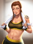 Rating: Safe Score: 38 Tags: 1girl artist_request athletic black_sun black_sun_tattoo bleached_merchandise blizzard brigitte_lindholm brown_eyes brown_hair fingerless_gloves freckles import midriff not_porn overwatch simple_background solo sports_bra sportswear sweat tattoo theme_clothing towel User: Hana