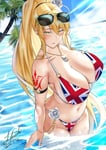 Rating: Questionable Score: 98 Tags: 1girl artoria_pendragon_(all) artoria_pendragon_(lancer) artoria_pendragon_(swimsuit_ruler)_(fate) aryan_female beach big_breasts blonde_hair breasts british_flag_bikini edit fate/grand_order fate_(series) green_eyes huge_breasts in_water queen_of_hearts_tattoo sunglasses swimsuit tattoo thick_thighs white_female User: AnonymousDecimus