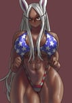 Rating: Questionable Score: 101 Tags: abs american_bikini background_edit big_breasts bunny_ears clothing_edit humanoid lagomorph looking_at_viewer mirko muscular muscular_female my_hero_academia pulling_panties rabbit_ears red_background red_hair shosho_oekaki simple_background solo solo_female stars_and_stripes thick_thighs thunder_thighs underwear very_long_hair white_hair User: GuruUncut
