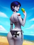Rating: Questionable Score: 39 Tags: beach bikini evulchibi ice_cream looking_back raven_(dc) swastika swimsuit tattoo User: HeartScope
