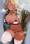 Rating: Questionable Score: 78 Tags: 1girl 4chan american_bikini blonde_hair blush breasts edit edited girls_und_panzer grey_eyes heavy_breathing huge_breasts iku_(ikuchan_kaoru) kay_(girls_und_panzer) leaning_against_wall long_hair looking_at_viewer one_leg_raised skin_edit smile solo steam sweat tattoo thigh_high_stockings User: smutlover