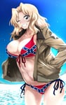 Rating: Safe Score: 80 Tags: 10s 1girl beach bikini blonde_hair blue_eyes breasts cleavage collarbone commentary_request confederate_flag_swimsuit day edited flag_print girls_und_panzer hair_intakes highres jacket kay_(girls_und_panzer) large_breasts long_hair looking_at_viewer nakahira_guy navel outdoors sky smile solo sparkle standing string_bikini swimsuit theme_clothing wet User: GoodHunter