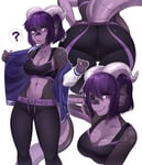 Rating: Questionable Score: 23 Tags: 1girl ? anthro dragon_girl furry horns import purple_eyes purple_skin scalie solo sweat theme_clothing User: Hana