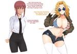 Rating: Questionable Score: 41 Tags: american_bikini aryan_female asian_female big_breasts blonde_hair blue_eyes breast_size_difference business_suit caucasian_female chainsaw_man country_raceplay darknesschaicha devil_girl edited fantasy girls_und_panzer interracial interspecies jacket japanese kay_(girls_und_panzer) makima_(chainsaw_man) nokogiriotoko raceplay racism red_hair shorts sunglasses text_edit yellow_eyes User: 3788sd