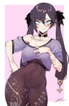 Rating: Questionable Score: 76 Tags: 1girl black_hair blue_eyes blush bodysuit breasts choker collarbone covered_navel crop_top face_tattoo genshin_impact hair_between_eyes heart_vine_tattoo j.k. licking_lips long_hair looking_at_viewer mona_(genshin_impact) queen_of_hearts simple_background solo tongue_out twintails white_female white_skin User: PortugueseBleach