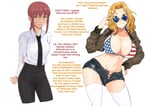Rating: Questionable Score: 52 Tags: american_bikini aryan_female asian_female big_breasts blonde_hair blue_eyes breast_size_difference business_suit caucasian_female chainsaw_man country_raceplay darknesschaicha devil_girl edited fantasy girls_und_panzer interracial interspecies jacket japanese kay_(girls_und_panzer) makima_(chainsaw_man) nokogiriotoko raceplay racism red_hair shorts sunglasses text_edit yellow_eyes User: 3788sd
