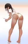 Rating: Questionable Score: 45 Tags: 1girl ass barefoot bare_legs bishi_(bishi) black_hair blush breasts dark_skin dark-skinned_female earrings from_behind full_body glint gradient gradient_background highres holding jewelry leaning_forward looking_at_viewer looking_back medium_breasts mouth_hold original panties partially_visible_vulva queen_of_hearts_tattoo reflection shirt short_sleeves solo standing stud_earrings tattoo theme_clothing underwear white_shirt yellow_panties User: BleachedSissy