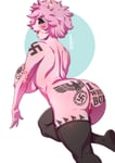 Rating: Explicit Score: 48 Tags: 1girl asian_female bokuman edited english_text female_focus female_only looking_at_viewer looking_back mina_ashido my_hero_academia pink_skin pussy simple_background solo swastika swastika_tattoo tattoo text white_background wolfsangel User: TacSam