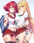 Rating: Questionable Score: 176 Tags: blonde_hair edit ivenglynn looking_at_viewer mythra_(xenoblade) panties pyra_(xenoblade) queen_of_hearts queen_of_hearts_tattoo red_hair school_girl school_uniform short_skirt skirt_lift tattoo theme_clothing white_female whitepoint_academy white_skin xenoblade_2 xenoblade_(series) User: lewdqwerty