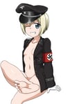 Rating: Questionable Score: 45 Tags: 1girl abridged-satoko aryan_female barefoot blonde_hair blue_eyes bottomless breasts erica_hartmann feet gloves grin highres loli military military_uniform nazi small_breasts smile soles strike_witches tomboy watermark white_gloves world_witches_series User: GoodHunter