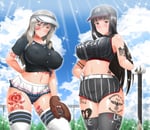 Rating: Safe Score: 95 Tags: 2girls arm_behind_back ball bangs baseball baseball_bat baseball_cap baseball_glove baseball_uniform belt black_hair black_headwear black_legwear black_shirt black_shorts blue_buruma blue_sky blunt_bangs blush breasts brown_eyes brown_hair buruma buruma_under_skirt chain-link_fence closed_mouth cloud cloudy_sky cocoa_(cocoa0191) commentary_request covered_erect_nipples curvy day edited emblem fence girls_und_panzer gloves hair_ribbon half-closed_eyes hand_on_hip hat holding holding_ball holding_baseball_bat huge_breasts impossible_clothes impossible_shirt kuromorimine_(emblem) large_breasts light_frown long_hair looking_at_viewer mature_female micro_shorts microskirt midriff multiple_girls navel nishizumi_shiho outdoors partial_commentary pleated_skirt print_legwear queen_of_hearts ribbon shimada_chiyo shiny shiny_skin shirt shorts short_sleeves skirt sky sleeveless sleeveless_shirt smile sparkle sportswear stadium_lights standing straight_hair sunlight swastika tattoo thick_thighs thigh_highs thighs visor_cap white_belt white_gloves white_headwear white_legwear white_skirt User: GoodHunter