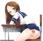 Rating: Questionable Score: 68 Tags: 1girl asian asian_female ass bangs brown_eyes brown_hair chair clothes_lift desk hair_in_mouth half-closed_eyes hinghoi leaning_forward lifted_by_self loli long_hair looking_at_viewer panties parted_bangs pleated_skirt queen_of_hearts queen_of_hearts_tattoo school_desk school_girl school_uniform short_sleeves simple_background sitting skirt skirt_lift smile solo table takagi_(teasing_master_takagi-san) tattoo tattoo_edit teasing teasing_master_takagi-san white_background white_panties User: ABLittle