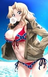 Rating: Safe Score: 71 Tags: 10s 1girl beach bikini blonde_hair blue_eyes breasts chewing_gum cleavage closed_mouth collarbone commentary_request confederate_flag_swimsuit day edited flag_print girls_und_panzer hair_intakes highres jacket kay_(girls_und_panzer) large_breasts long_hair looking_at_viewer nakahira_guy navel outdoors sky solo sparkle standing string_bikini swimsuit theme_clothing wet User: GoodHunter