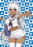 Rating: Questionable Score: 67 Tags: 1girl ahoge alternate_costume asanagi bag bleached_background blush breasts cowboy_shot crop_top crop_top_overhang :d dark_skin dark-skinned_female fang granblue_fantasy heart heart_vine_tattoo highres large_breasts long_hair looking_at_viewer midriff navel neckerchief open_mouth outstretched_arm pleated_skirt red_eyes revision school_uniform serafuku simple_background skindentation skirt smile solo tattoo thigh_highs very_long_hair white_background white_hair white_legwear zooey_(granblue_fantasy) User: Truse