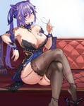 Rating: Questionable Score: 106 Tags: ass breasts clothed cum_drinking dressed drink genshin_impact high_heels keqing_(genshin_impact) looking_at_viewer pink_eyes purple_hair queen_of_hearts_tattoo sitting tattoo thighs User: Glaucetas_